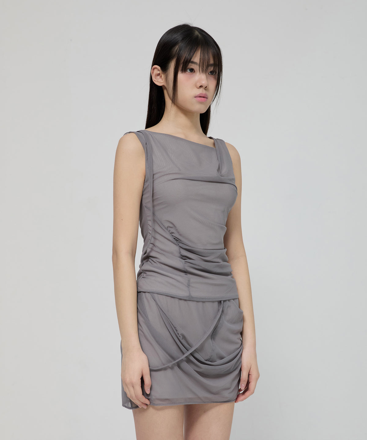 FLARE UP - Draped Mesh Layered Sleeveless 垂褶網紗層疊無袖上衣 T-F1095 (灰色)