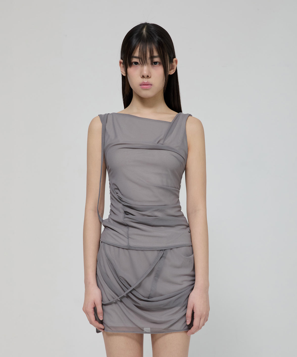 FLARE UP - Draped Mesh Layered Sleeveless 垂褶網紗層疊無袖上衣 T-F1095 (灰色)