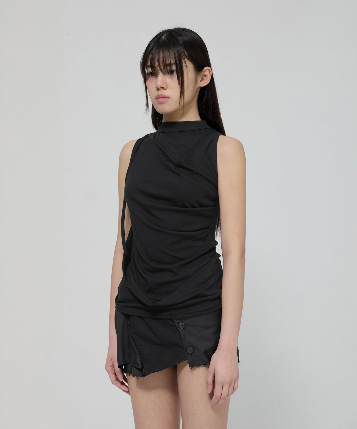 FLARE UP - Draped Sleeveless Top 垂褶無袖上衣 T-F1097 (黑色)