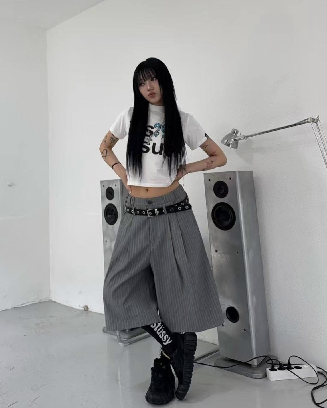 韓國 直條紋 腰帶 半鬆緊 寬鬆 西裝 短褲