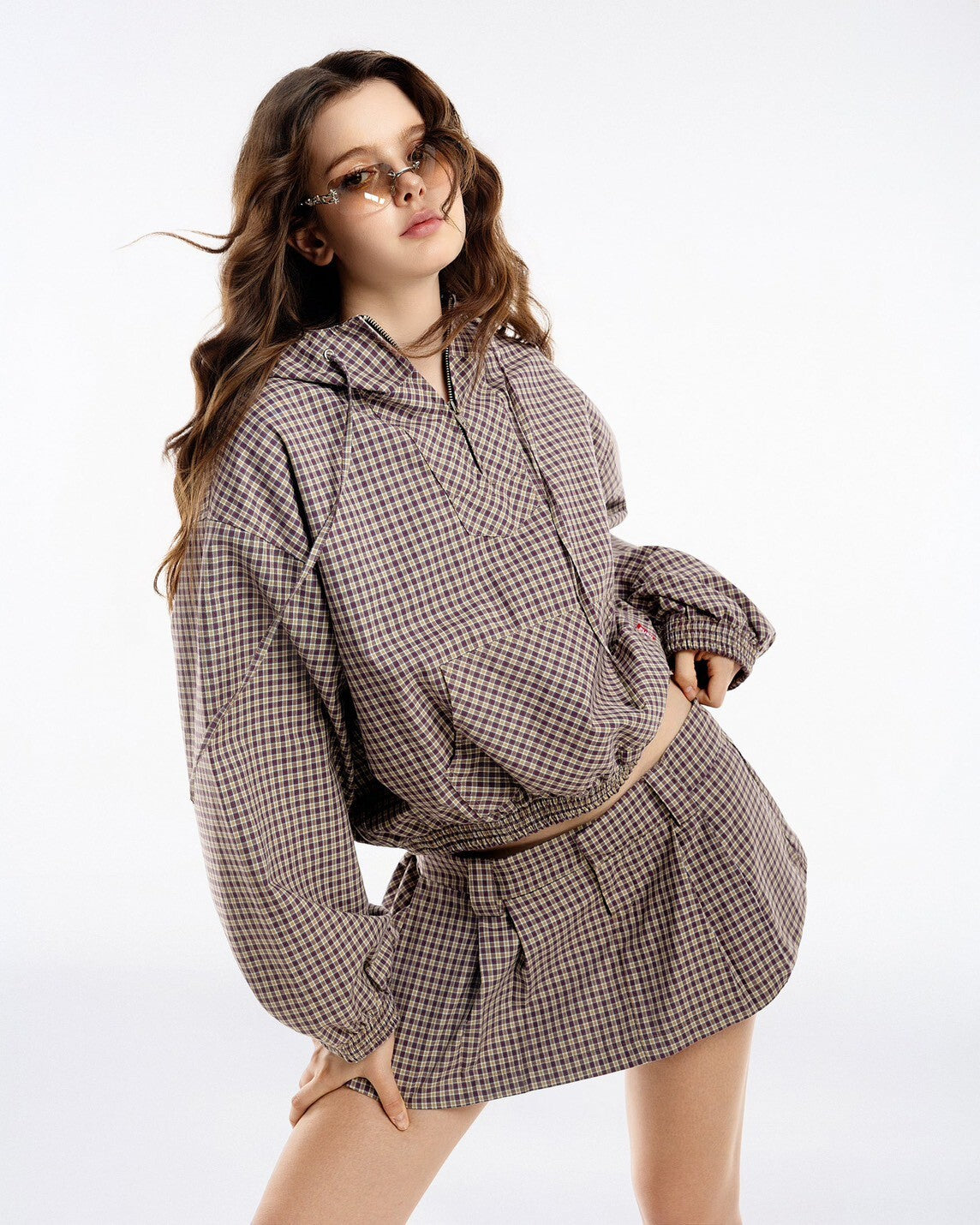 PUSH PUSH - T-P114 Gingham Half-Zip Hoodie 格紋 復古 短寬 連帽 長袖 帽踢