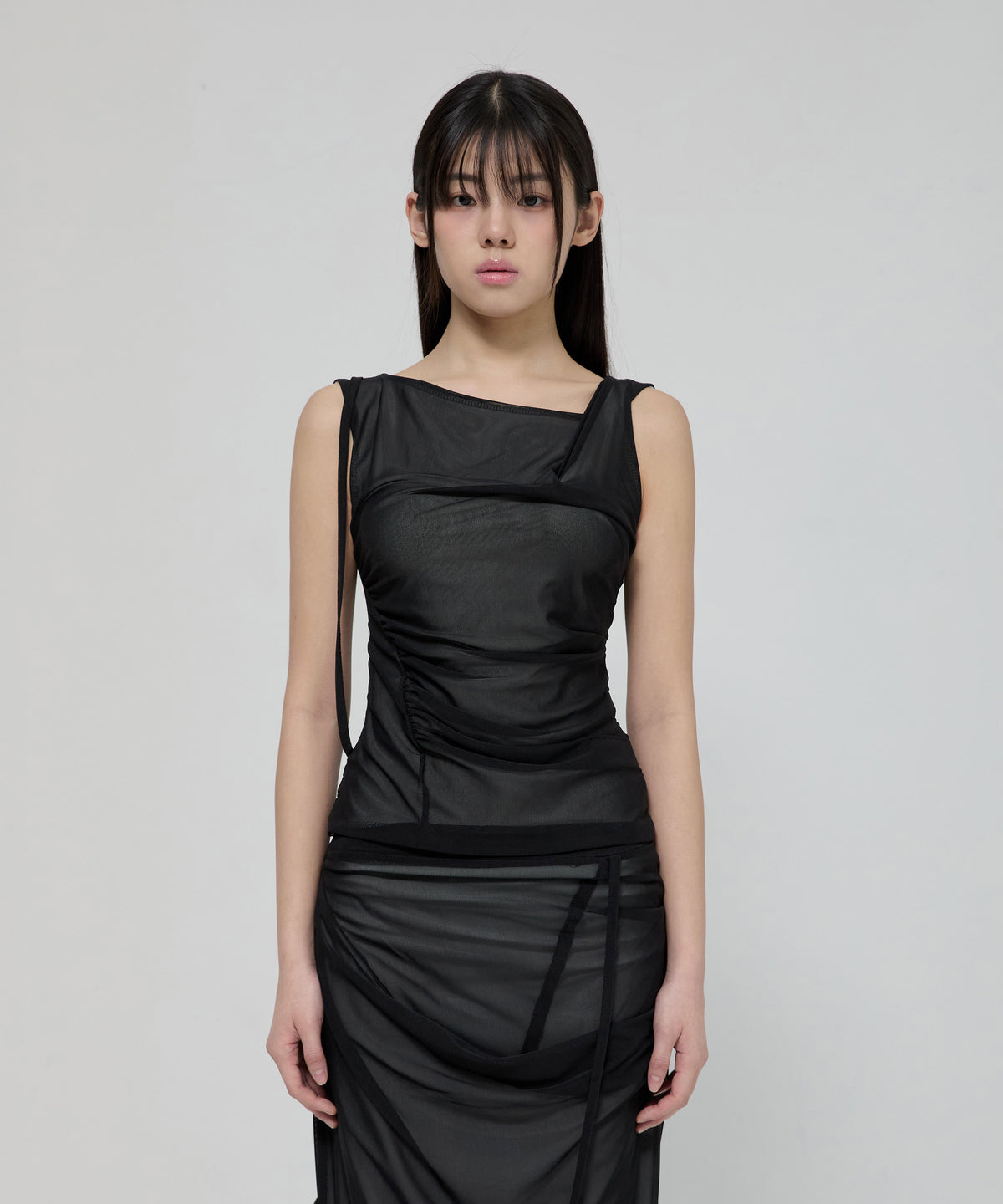 FLARE UP - Draped Mesh Layered Sleeveless 垂褶網紗層疊無袖上衣 T-F1095 (黑色)