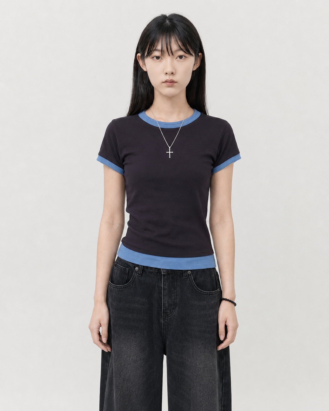 T-K1067 正韓雙色褶皺假兩件上衣