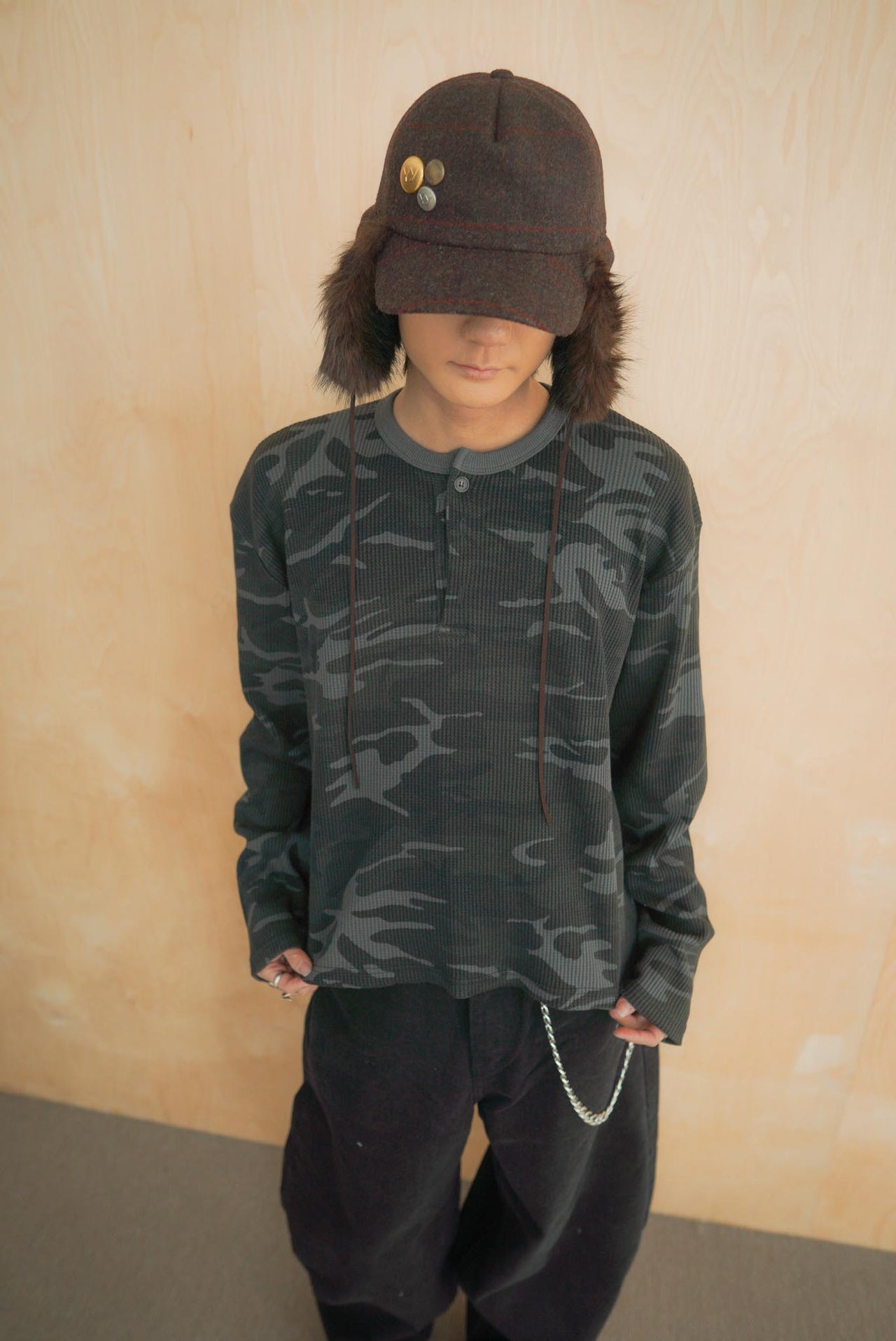 韓國 迷彩 華夫格 短版 亨利領 長袖 上衣