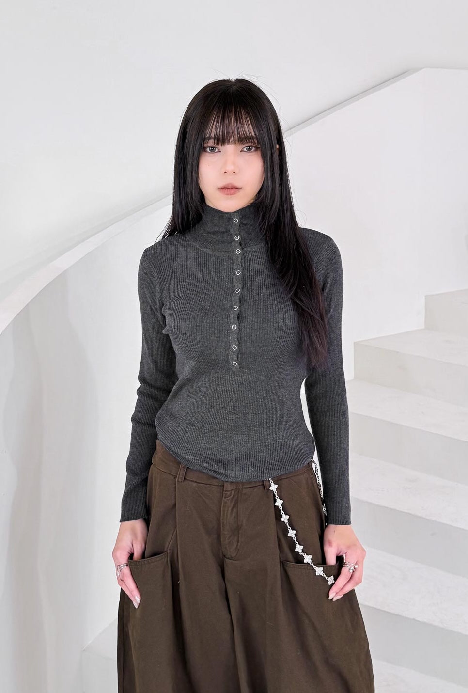 T-G148 半開扣羊毛打底高領針織衫