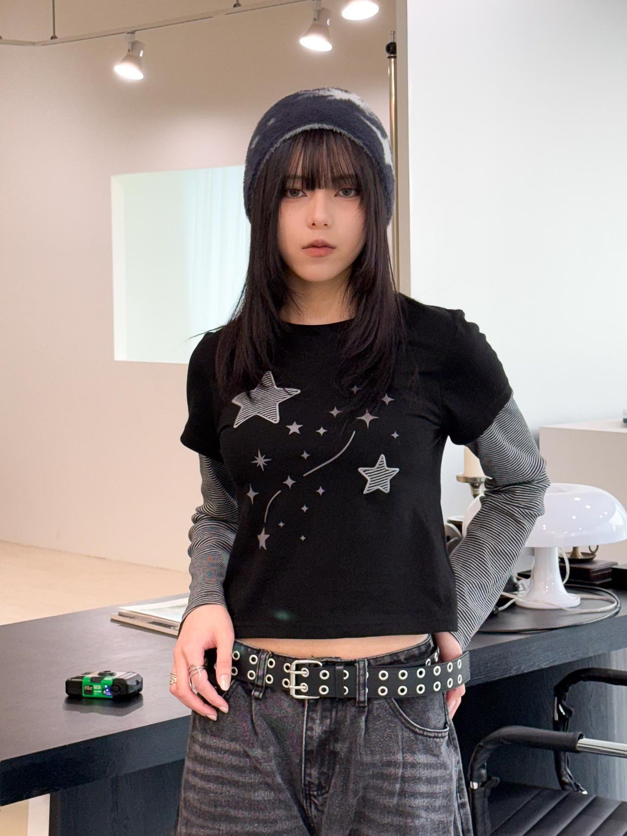 T-S141 正韓假兩件星星條紋長袖