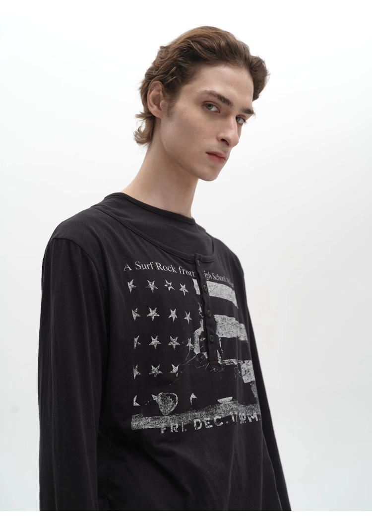 POH T-P154 星旗假兩件亨利領長袖