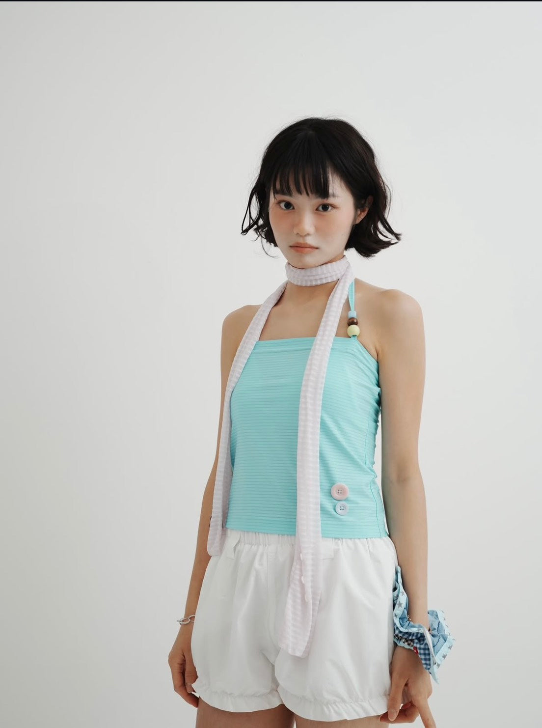 Neoclassical - Button-Tie Halter Top 掛脖鈕扣綁帶背心(湖水綠)V-N25