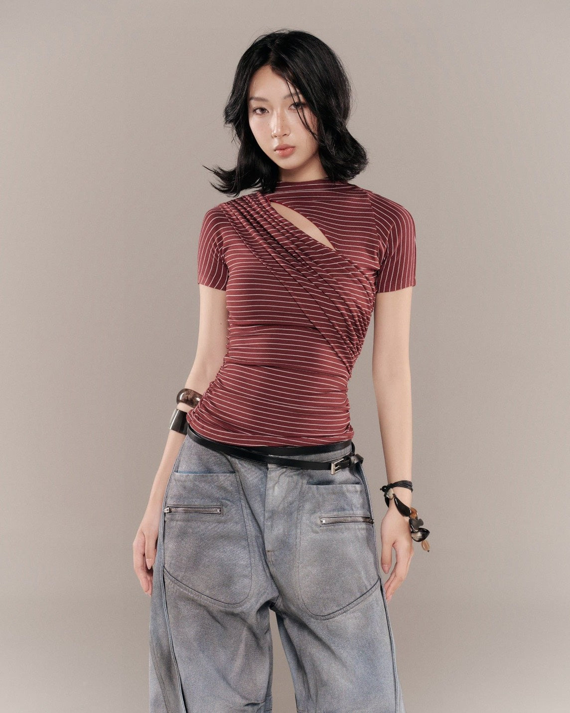 BUNNYHILL - T-B166 MONTY TOP 斜片抓皺條紋上衣