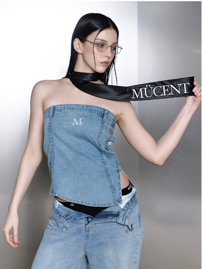 MUCENT - SNEP UNBALANCE DENIM DETAIL TANK TOP 牛仔背心 V-E11