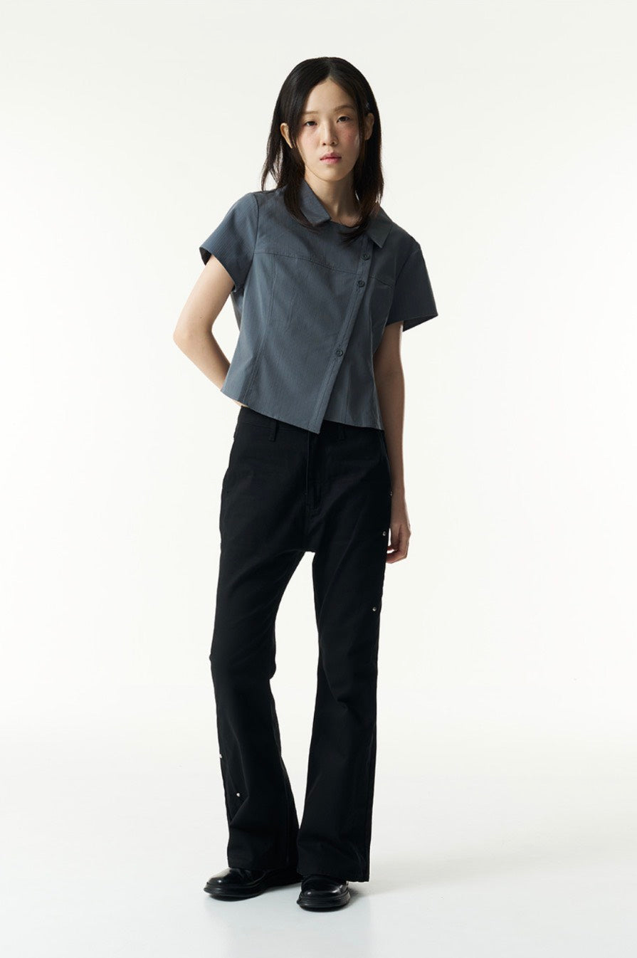 TCM - 3-button stripe half shirt (灰藍色) T-C1025