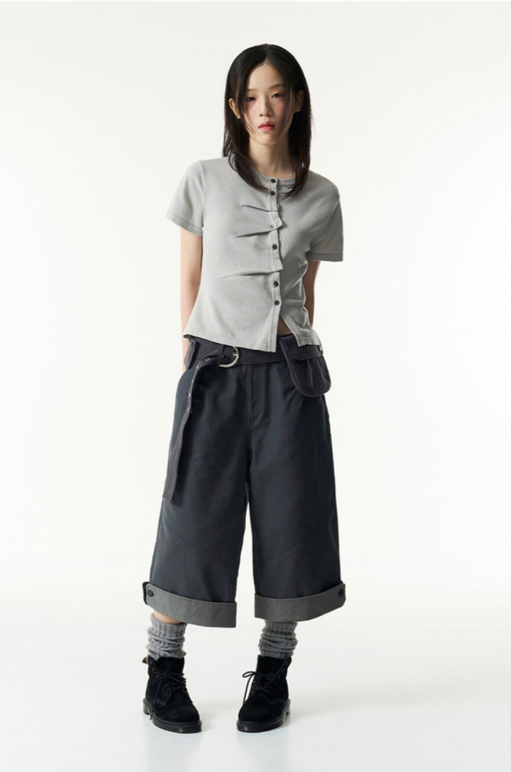 TCM - draped half knit cardigan (灰色) T-C1027