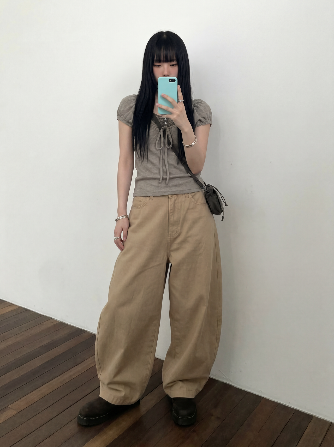 P-C129 格紋卡其氣球工裝褲