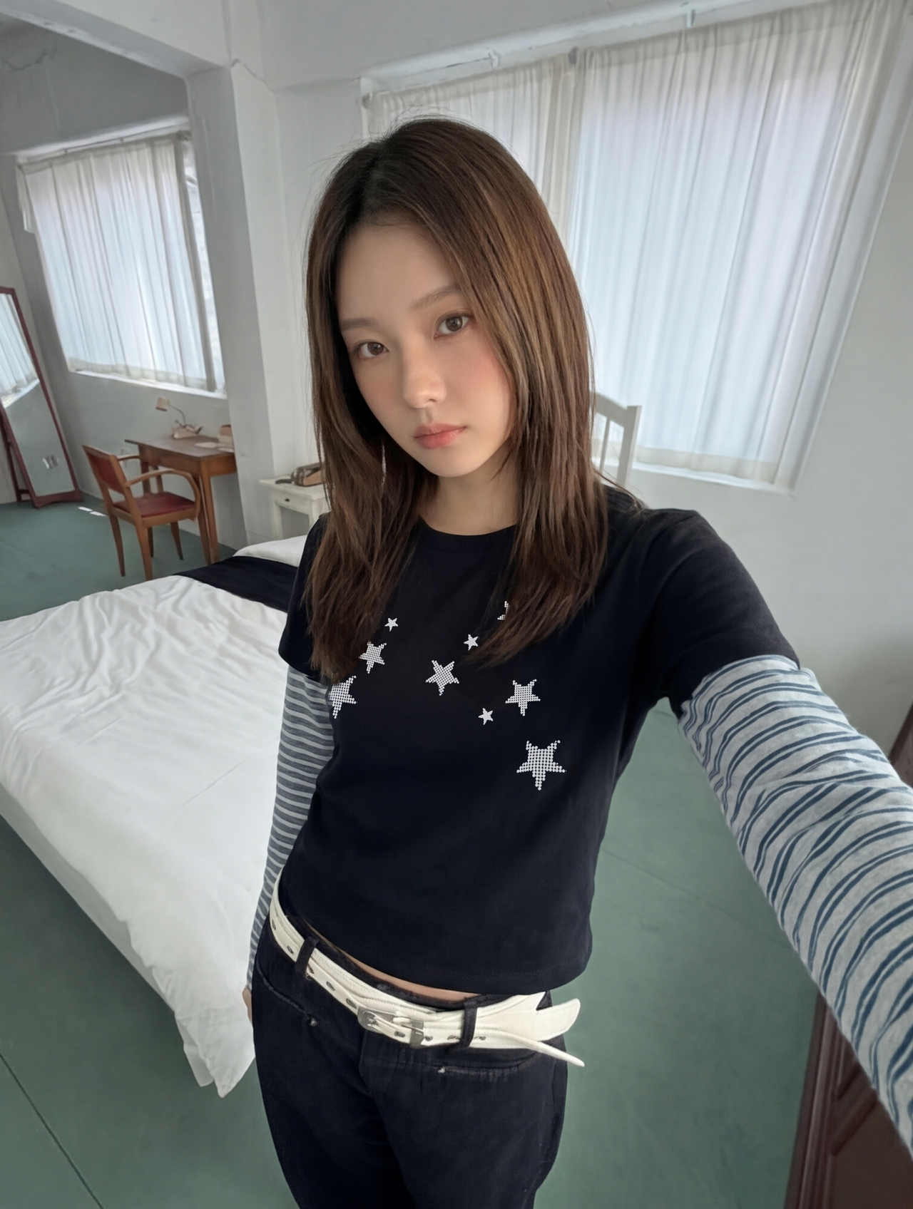 T-S192 條紋假兩件波點滿天星長袖