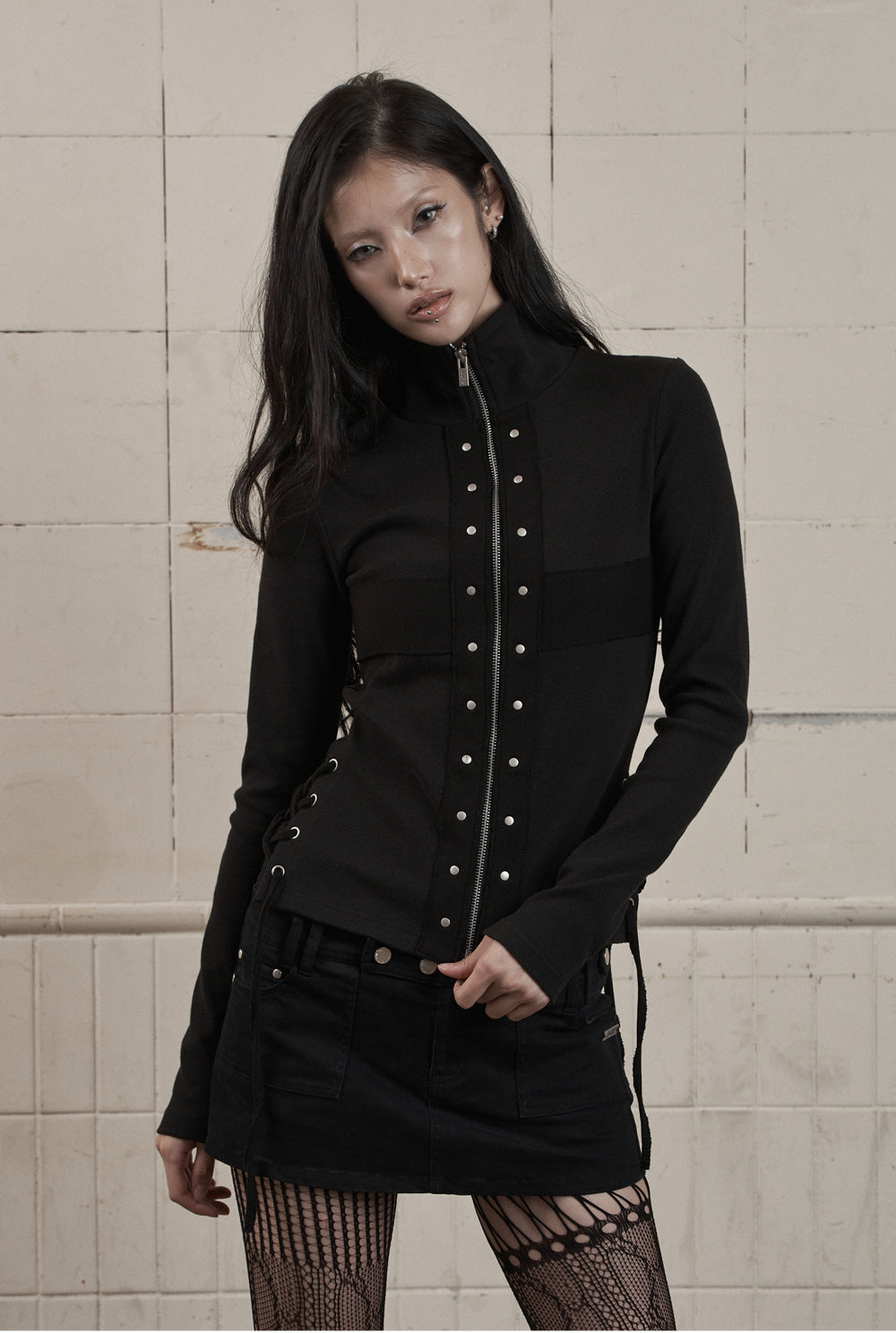 AS YOU ARE - CORSET-LINE ZIP-UP JACKET(黑色) J-A113