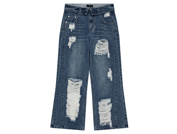 AS YOU ARE -  FOLDED DAMAGE LOOSE DENIM PANTS(深藍)  P-A248