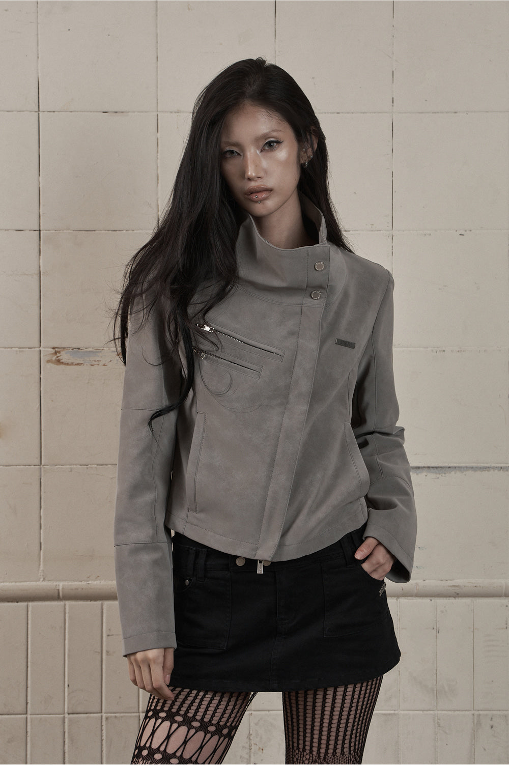 AS YOU ARE - HIGH-NECK BIKER LEATHER JACKET(炭灰) J-A111