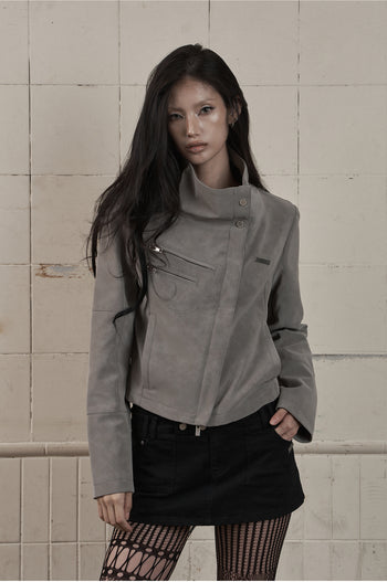 AS YOU ARE - HIGH-NECK BIKER LEATHER JACKET(炭灰) J-A111