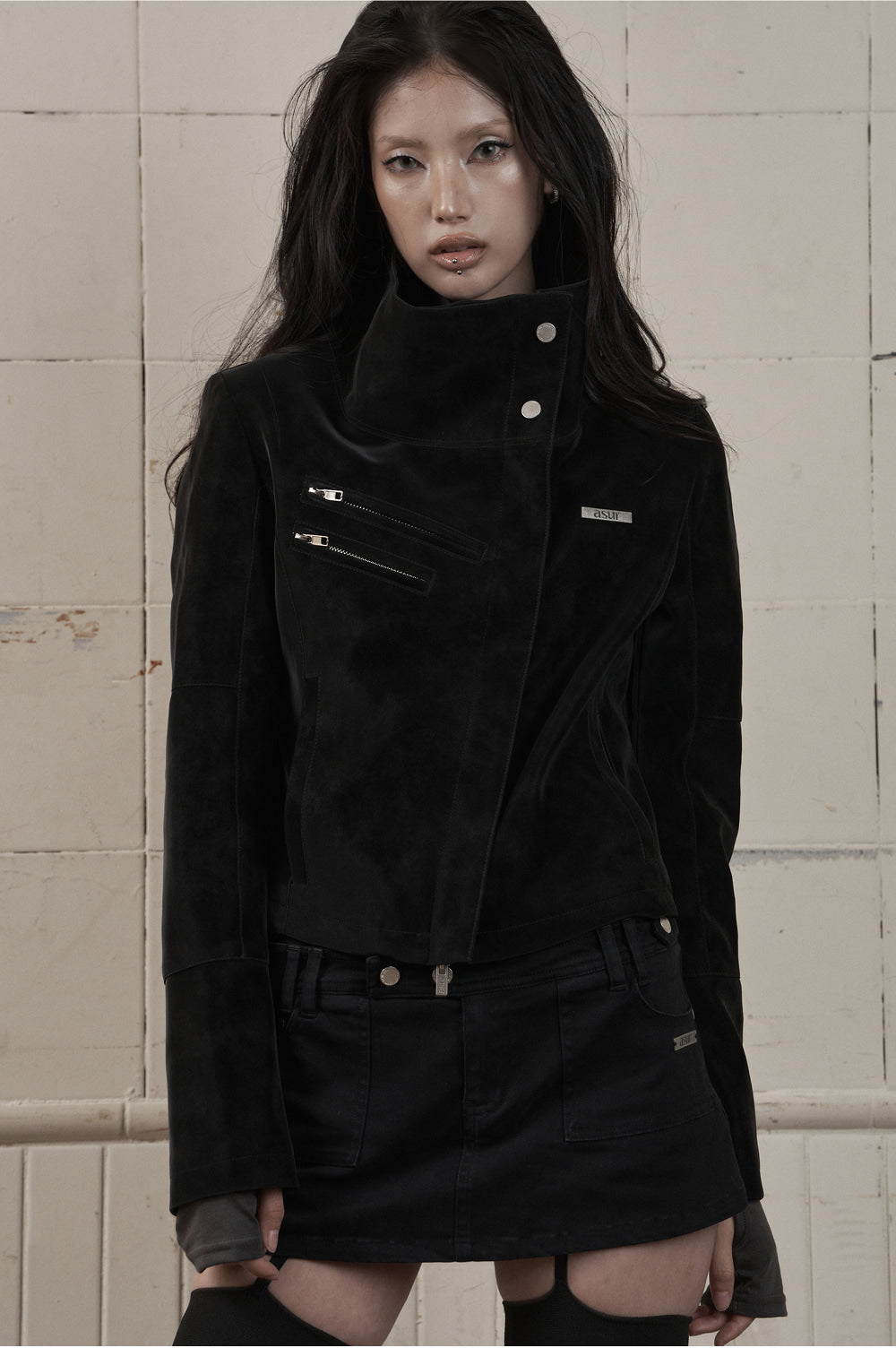 AS YOU ARE - HIGH-NECK BIKER LEATHER JACKET(黑色) J-A111