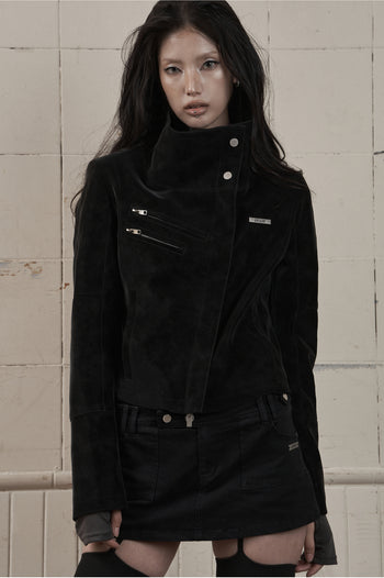 AS YOU ARE - HIGH-NECK BIKER LEATHER JACKET(黑色) J-A111