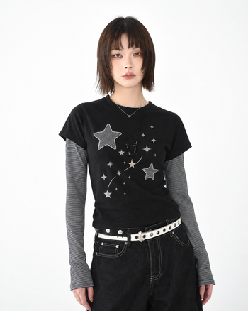 T-S141 正韓假兩件星星條紋長袖