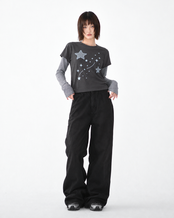 T-S141 正韓假兩件星星條紋長袖