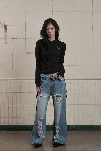 AS YOU ARE -  FOLDED DAMAGE LOOSE DENIM PANTS(淺藍)  P-A248