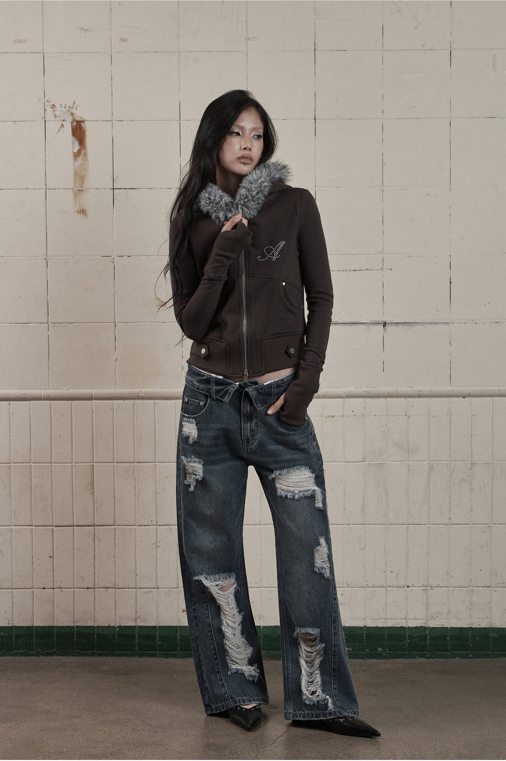 AS YOU ARE -  FOLDED DAMAGE LOOSE DENIM PANTS(深藍)  P-A248