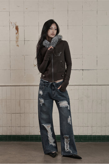AS YOU ARE -  FOLDED DAMAGE LOOSE DENIM PANTS(深藍)  P-A248