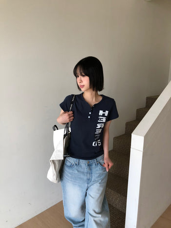 正韓亨利領修身短T-Shirt T-K1102