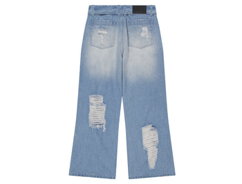 AS YOU ARE -  FOLDED DAMAGE LOOSE DENIM PANTS(淺藍)  P-A248