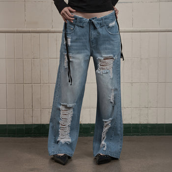 AS YOU ARE -  FOLDED DAMAGE LOOSE DENIM PANTS(淺藍)  P-A248