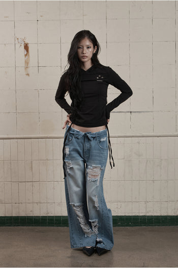 AS YOU ARE -  FOLDED DAMAGE LOOSE DENIM PANTS(淺藍)  P-A248