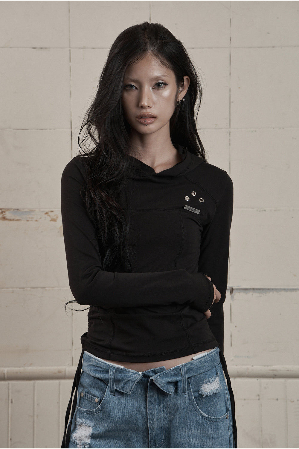 AS YOU ARE - SLIM PANEL HOOD LONG SLEEVE (黑色) T-A1140