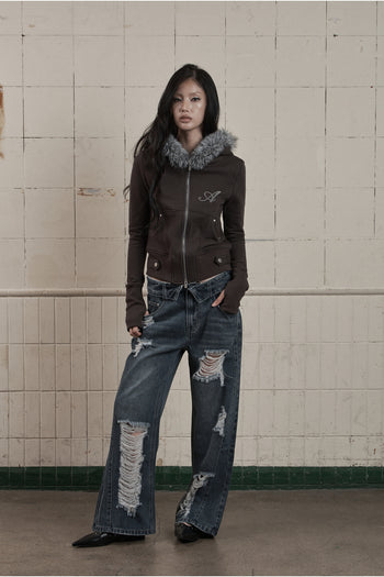 AS YOU ARE -  FOLDED DAMAGE LOOSE DENIM PANTS(深藍)  P-A248