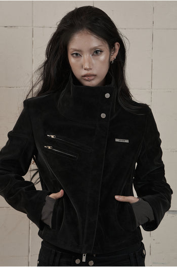 AS YOU ARE - HIGH-NECK BIKER LEATHER JACKET(黑色) J-A111