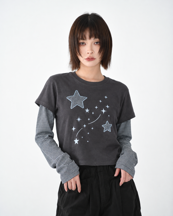 T-S141 正韓假兩件星星條紋長袖