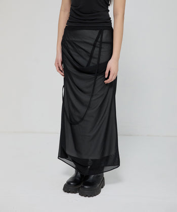 FLARE UP - Draped Mesh Layered Long Skirt 垂褶網紗層疊長裙 P-F210 (黑色)