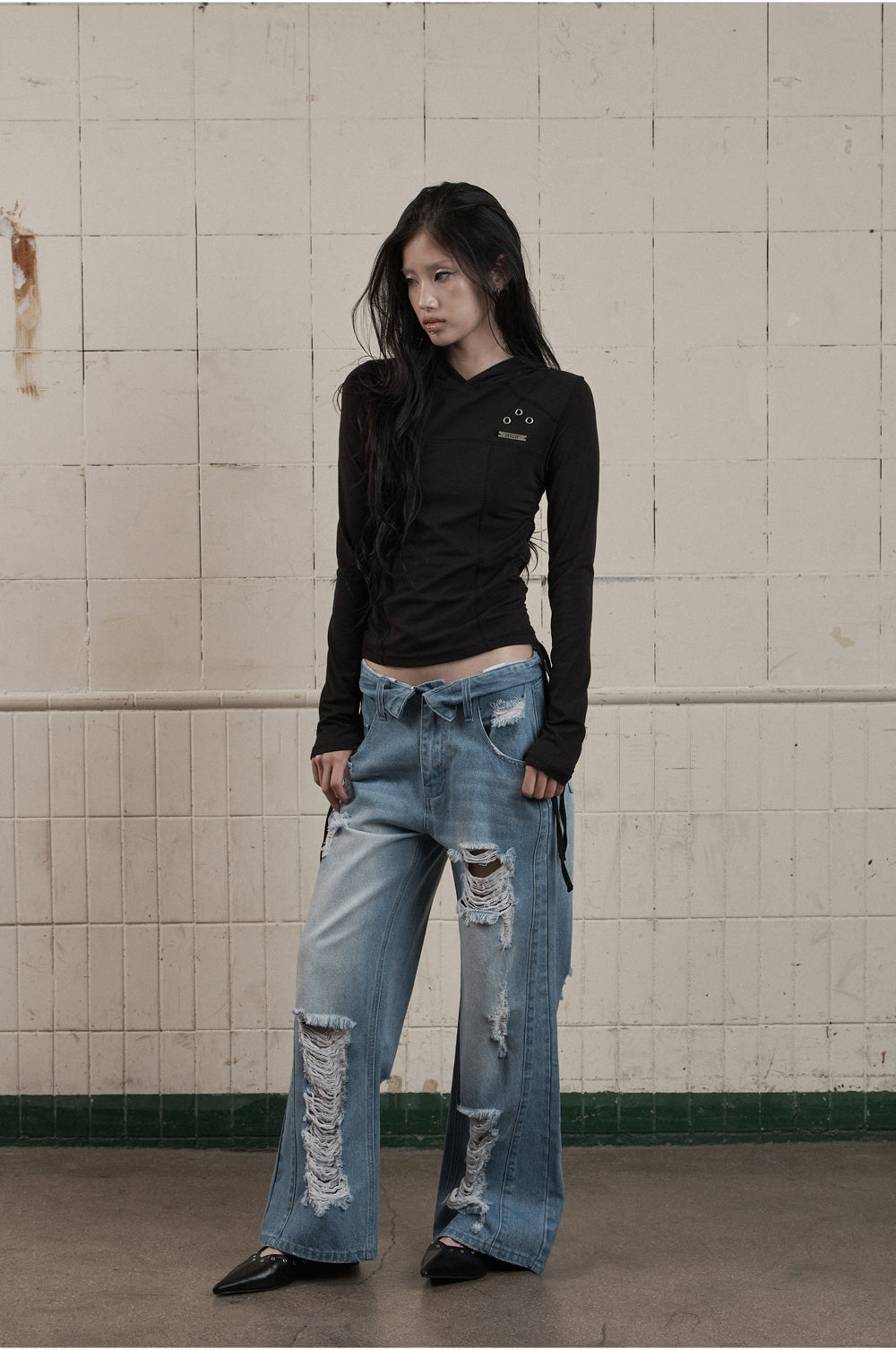 AS YOU ARE -  FOLDED DAMAGE LOOSE DENIM PANTS(淺藍)  P-A248