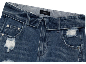 AS YOU ARE -  FOLDED DAMAGE LOOSE DENIM PANTS(深藍)  P-A248