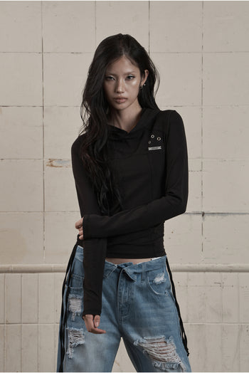 AS YOU ARE - SLIM PANEL HOOD LONG SLEEVE (黑色) T-A1140