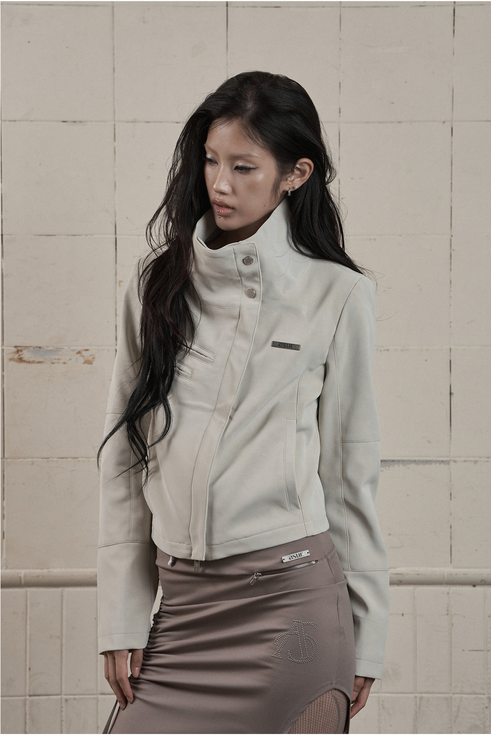 AS YOU ARE - HIGH-NECK BIKER LEATHER JACKET(象牙白) J-A111