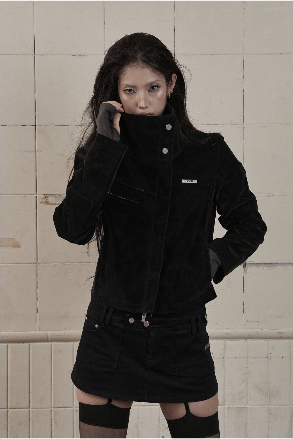 AS YOU ARE - HIGH-NECK BIKER LEATHER JACKET(黑色) J-A111