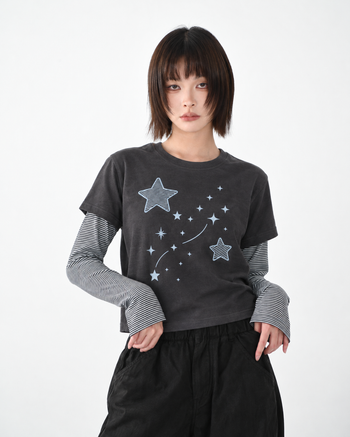 T-S141 正韓假兩件星星條紋長袖