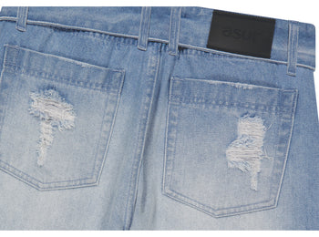 AS YOU ARE -  FOLDED DAMAGE LOOSE DENIM PANTS(淺藍)  P-A248