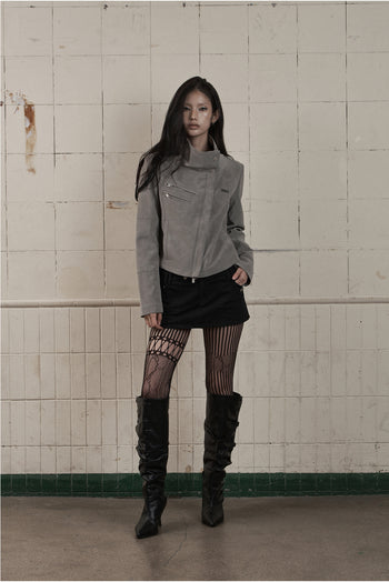 AS YOU ARE - HIGH-NECK BIKER LEATHER JACKET(炭灰) J-A111