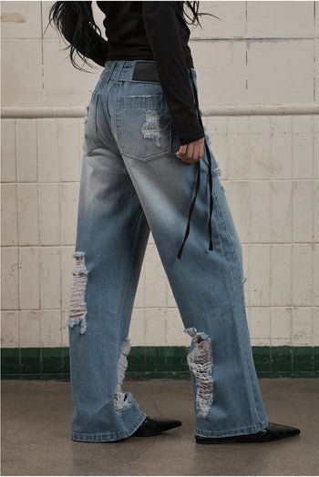 AS YOU ARE -  FOLDED DAMAGE LOOSE DENIM PANTS(淺藍)  P-A248