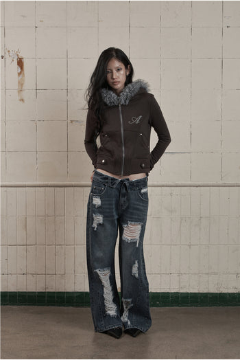 AS YOU ARE -  FOLDED DAMAGE LOOSE DENIM PANTS(深藍)  P-A248