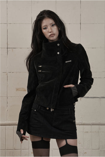 AS YOU ARE - HIGH-NECK BIKER LEATHER JACKET(黑色) J-A111