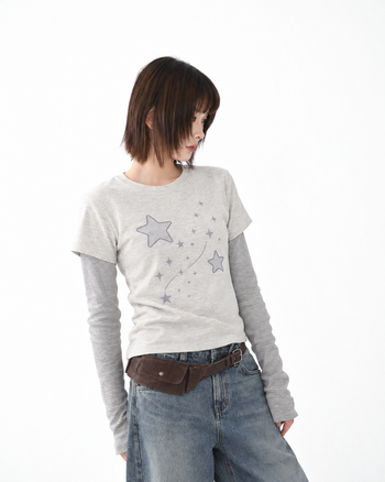 T-S141 正韓假兩件星星條紋長袖